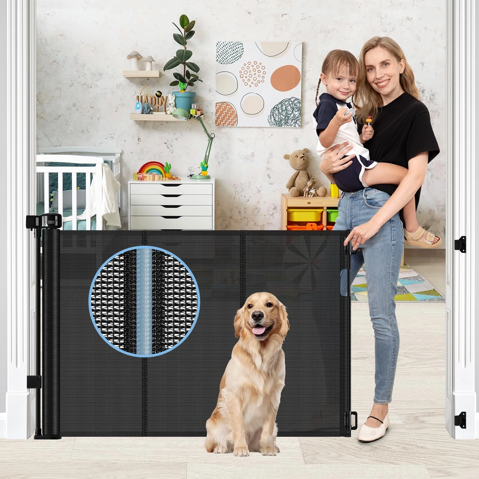 Reinforced Retractable Baby Gates with Support Rods, Extends up to 55” Wide, ...