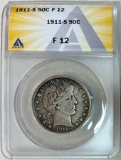 1911-S Barber Half Dollar, ANACS F-12, Better Date! Looks Undergraded