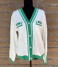 Adrienne Vittadini Sweater Woman’s  Size L Button Up V-Neck Green Trim Old Money