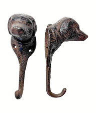 Two Dog Head Wall Hooks Cast Iron Key Towel Coat Leash Hanger Rustic Brown