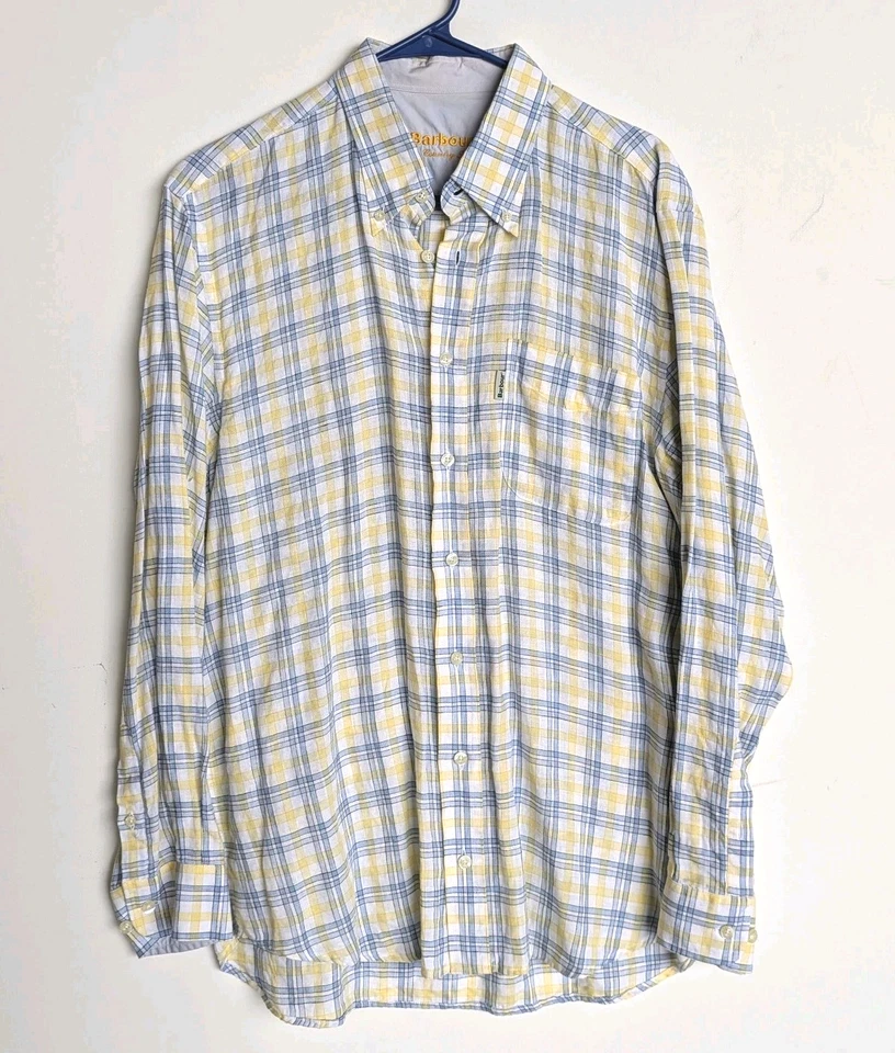 BARBOUR Vtg Country Shirt Linen Plaid White Yellow Blue Btn SHIRT Men's L - Image 2 of 4