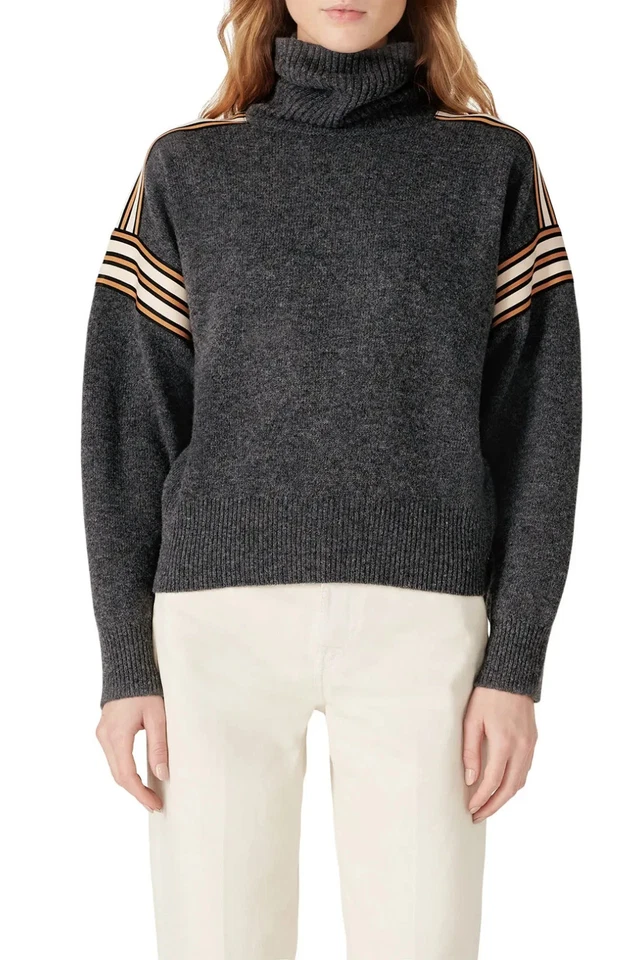 SANDRO Women's Wynn Striped Trim Turtleneck Sweater jumper Grey Size 2 medium - Image 2 of 4