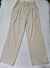 Women's Beige Wide-leg Pants with Pleated Front and High Elastic Waist XS