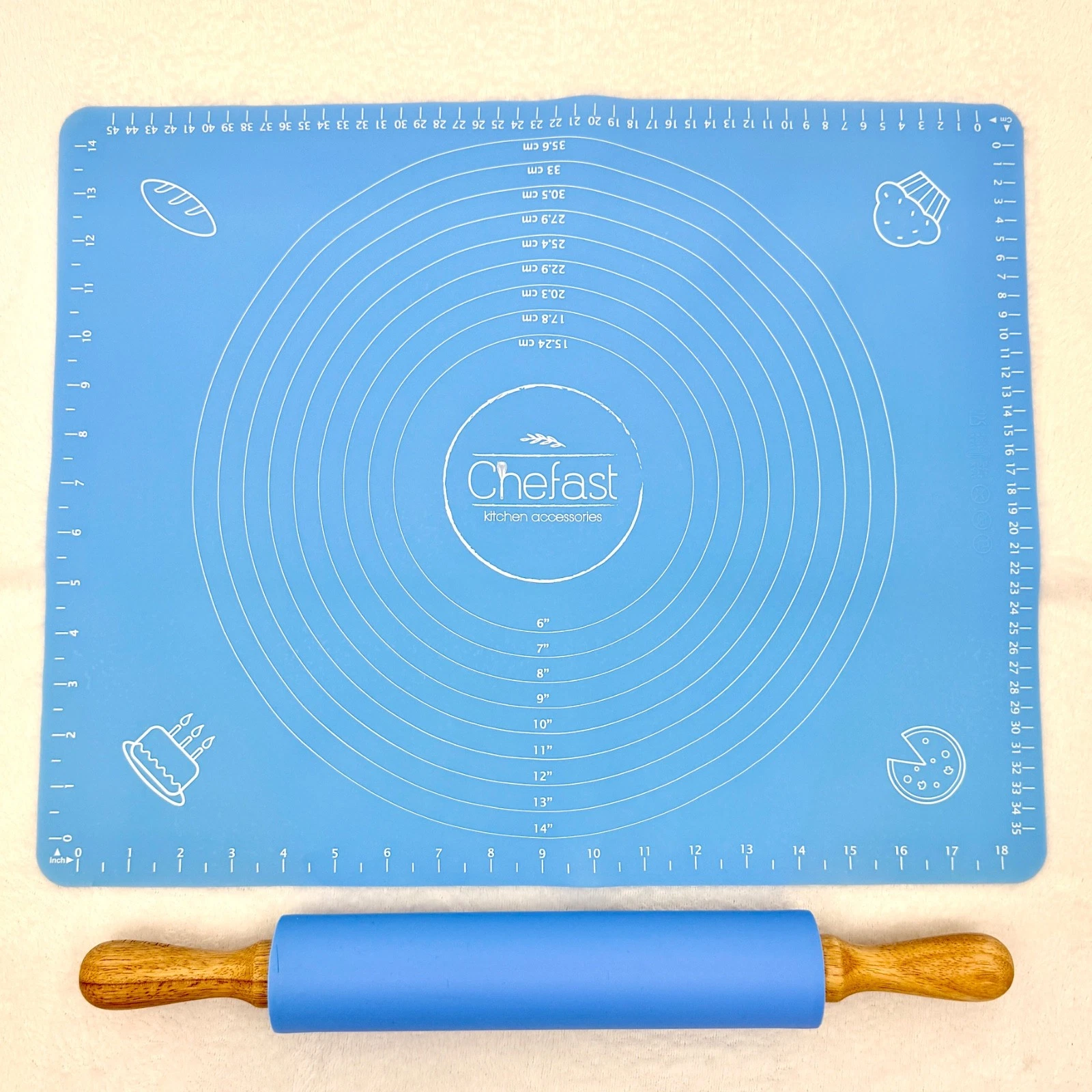 Chefast Kitchen Accessories Silicone Rolling Pin & Baking Mat w/Measurements