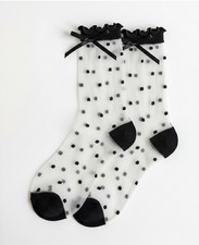 Sheer Black Polka Dots Ankle Socks With Satin Now