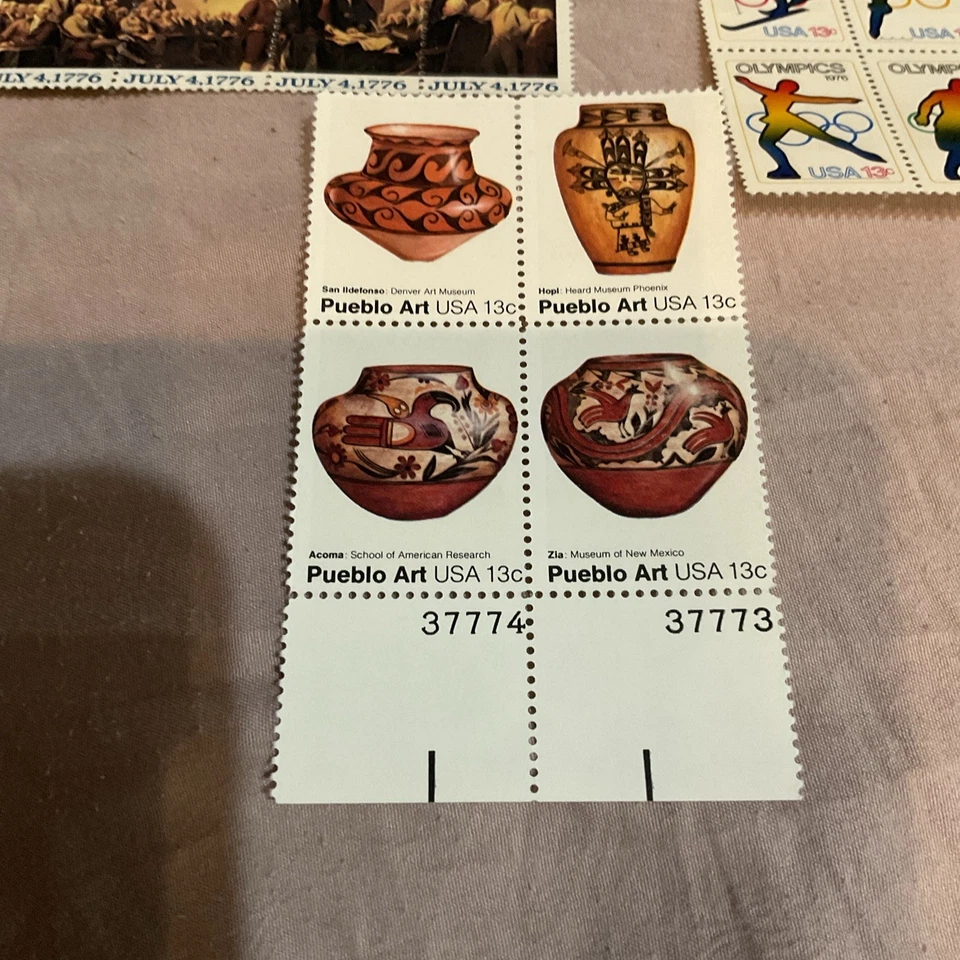 US Stamps 13 cent 3 Blocks of 4 Olympics, Pueblo Art, 1776, Unhinged Great Cond - Image 3 of 4