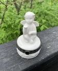 Vintage White Milk Glass Porcelain Praying Angel Metal Hinged Trinket Box 3.75”