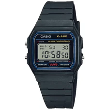 Casio F91W-1, Digital Chronograph Watch, Black Resin Band, Alarm, Date