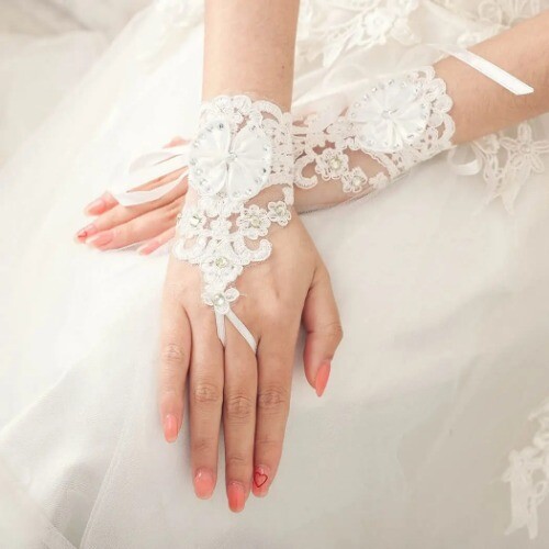 Women's Wedding Gloves Fingerless Lace Glove Bridal White Bow Gloves Party Prom - Picture 8 of 10