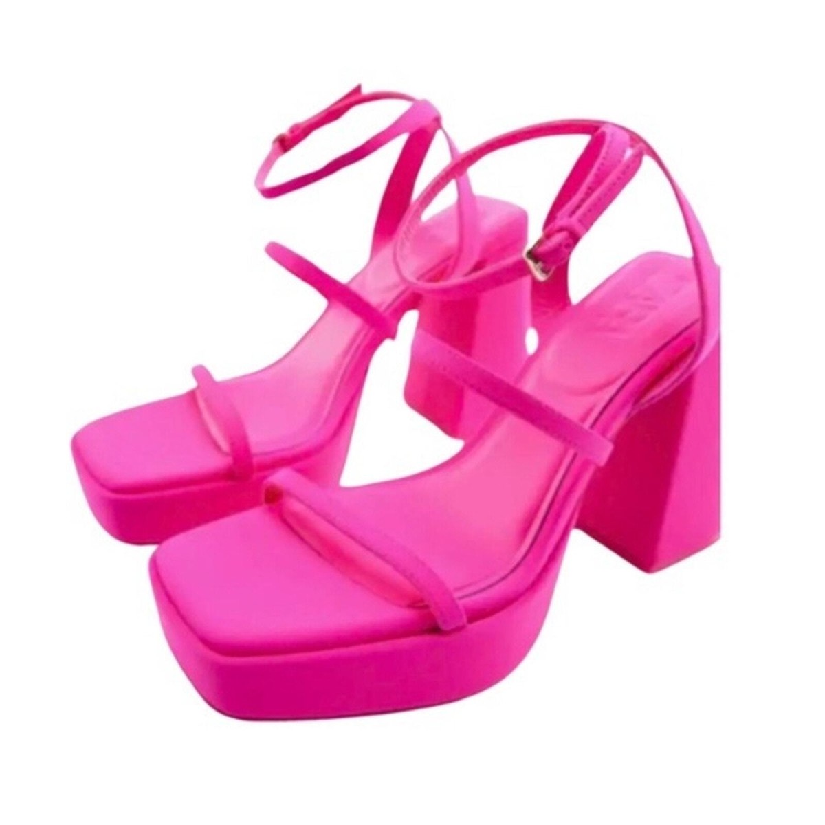 ZARA Hot Neon Pink Block Heeled Strappy Platform Sandals | eBay