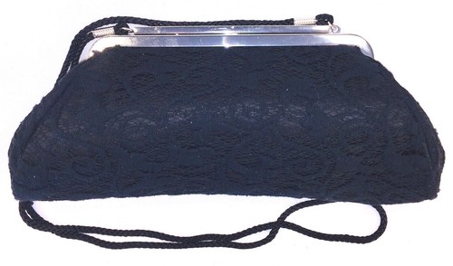 Kate Landry Black Lace Clutch Cross Body Bag Silvertone Metal Frame - Picture 2 of 11
