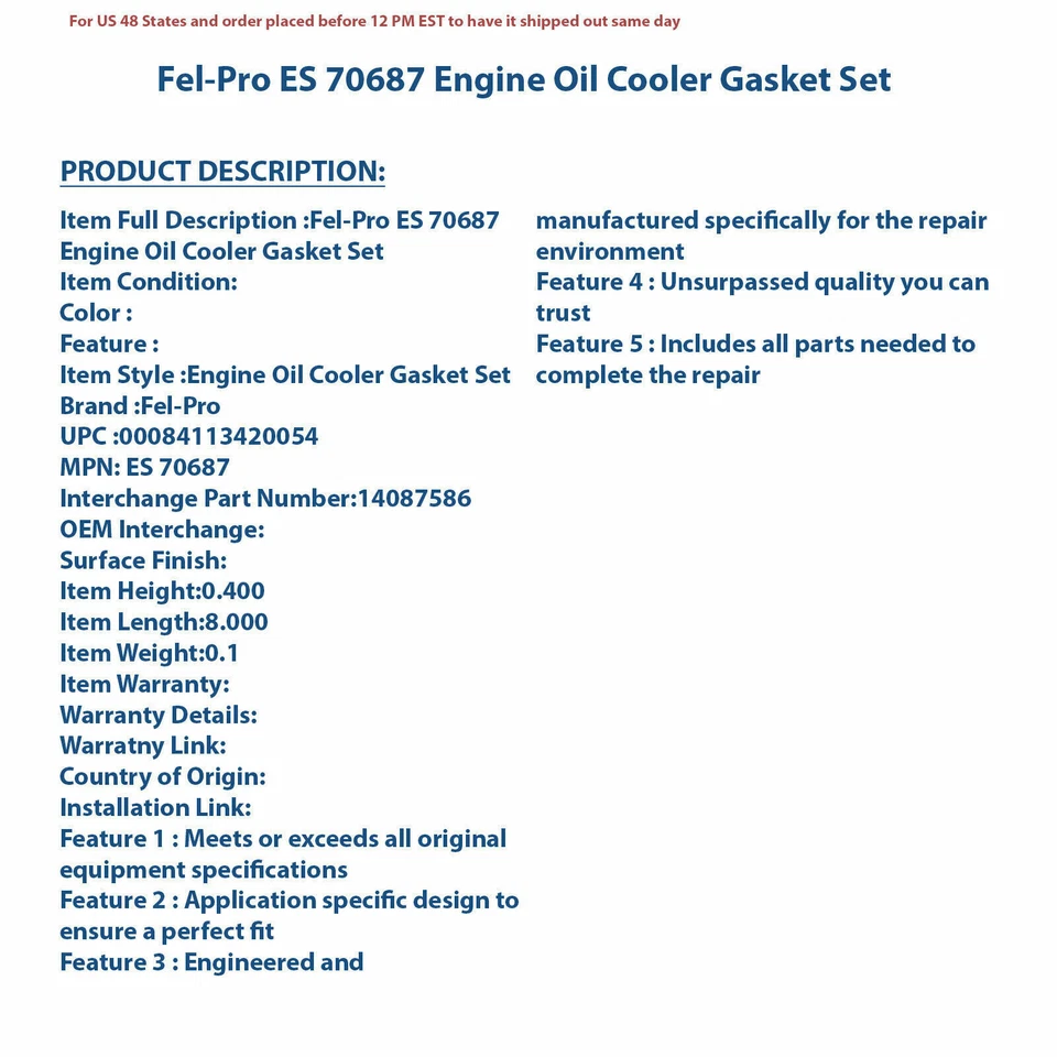 Juego de juntas de enfriador de aceite de motor Fel-Pro ES 70687 | Autopieza de alta calidad, Universa Foto 4 de 4
