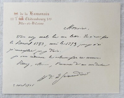 LAS Autogrammkarte Hippolyte de la Grimaudière La Hamonais 35 Châteaubourg