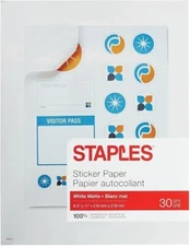 Staples 8-1/2" x 11" White Matte Sticker Paper 30 Shts NEW! SEALED! 70972