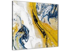 Mustard Yellow and Blue Swirl Living Room Canvas Pictures - Abstract Print