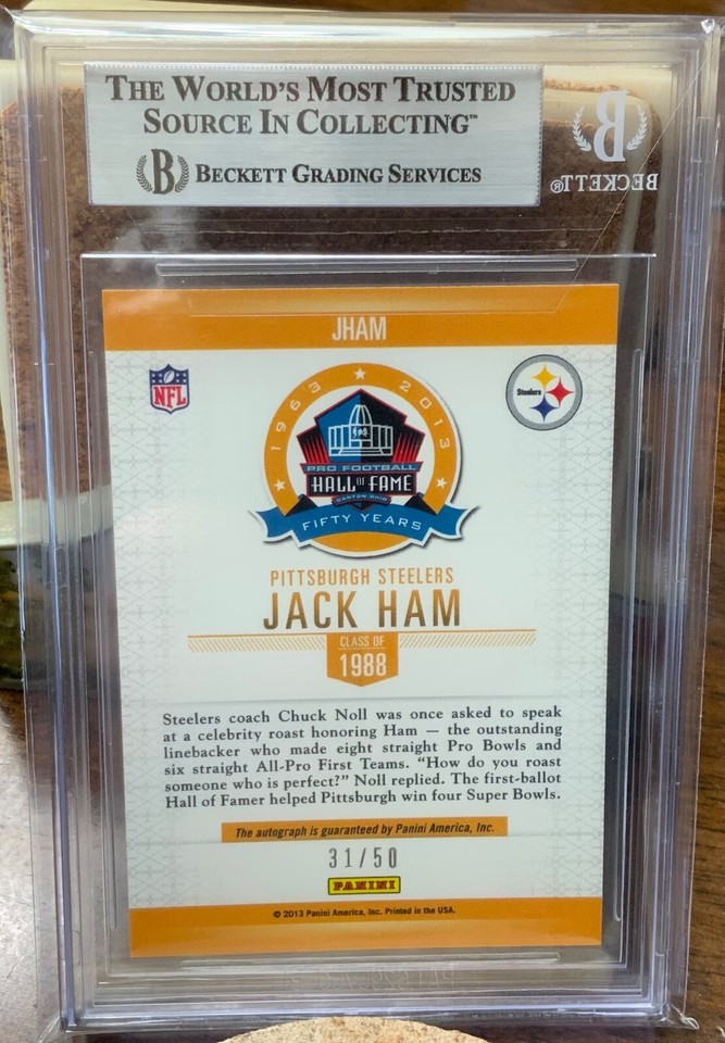 2013 Panini Spectra HOF Signatures Jack Ham BGS 8 5 Auto 9 Serial 31 2013-panini-spectra-hof-signatures-jack-ham-bgs-8-5-auto-9-serial-31
