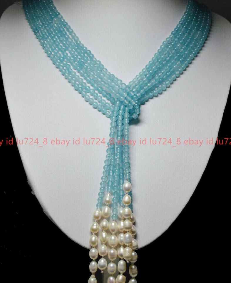 3 Strands Natural 4mm Gemstone Round Beads&7-8mm White Pearl Scarf Necklace 50'' - Image 3 of 4