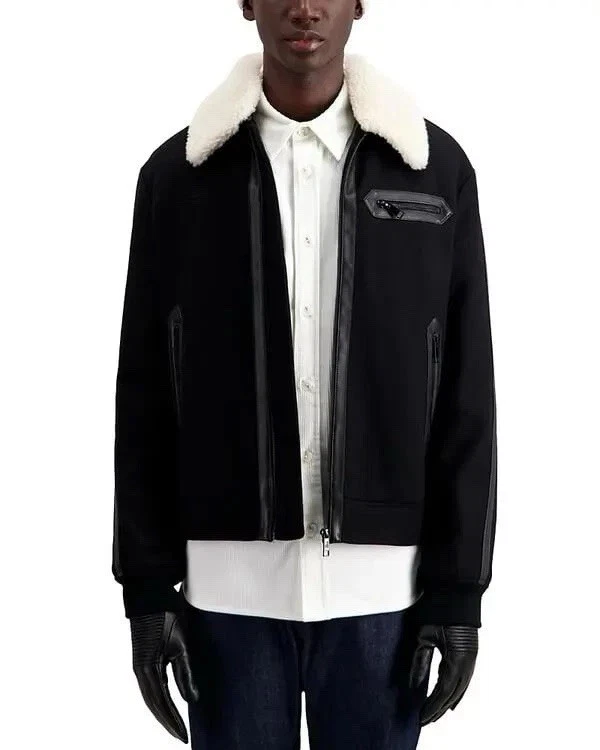 The Kooples Men’s Black Bomber Jacket Shearling Collar Full Zip Size S image 2