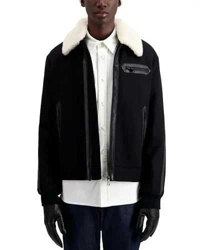 The Kooples Men’s Black Bomber Jacket Shearling Collar Full Zip Size S image 2