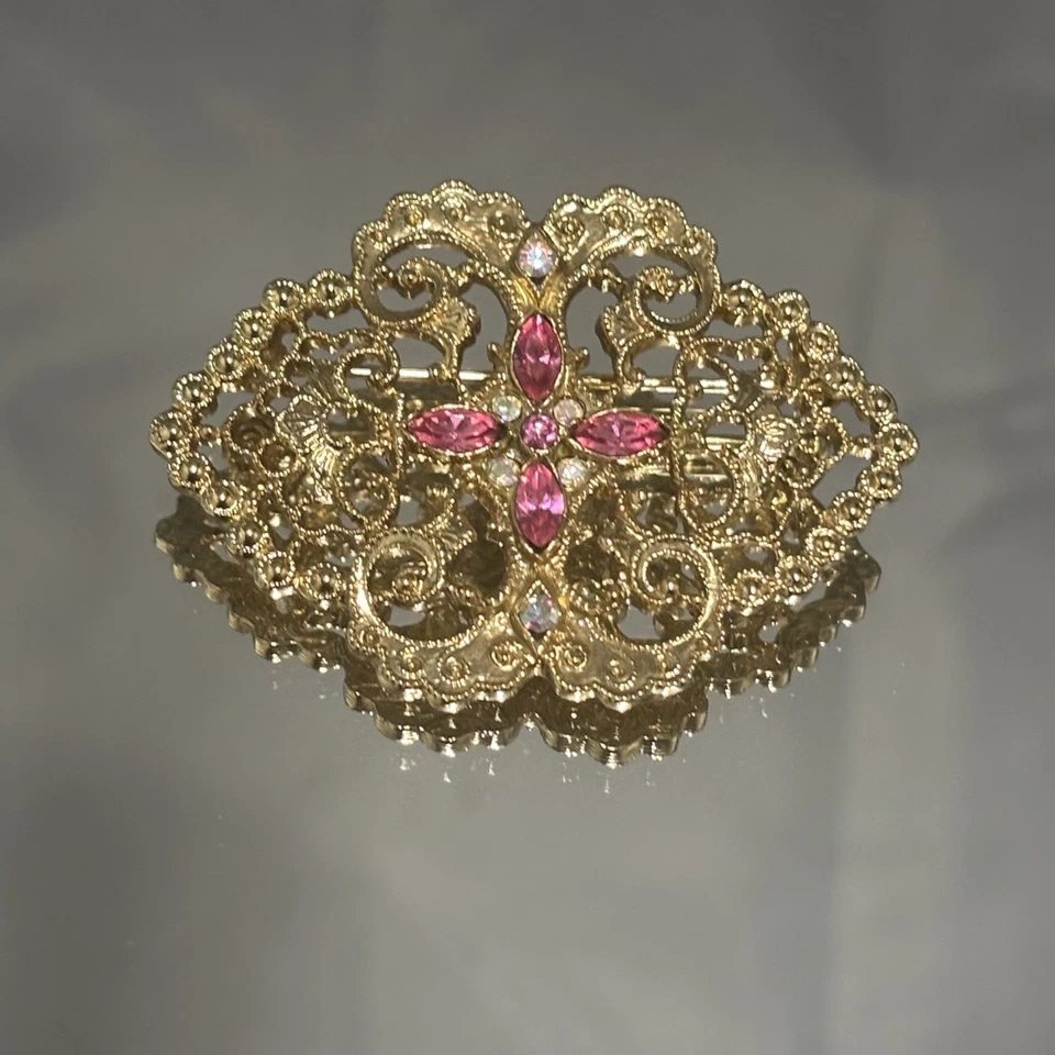 Винтажная золотистая филигранная булавка с розовыми стразами с цветочным рисунком бижутерия 80-е - Изображение 2 из 4