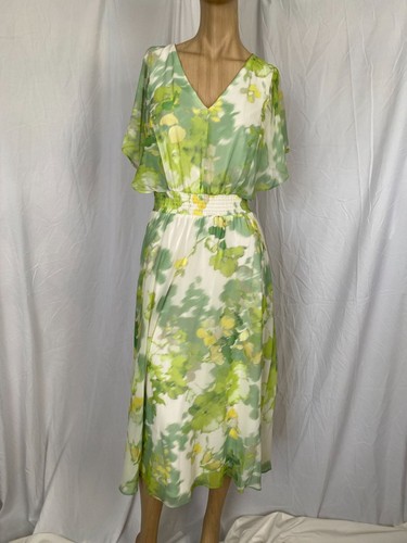DKNY Floral Chiffon Midi Dress With V-Neck & Flutter Sleeves Elastic Waist White