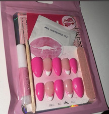 Pink Nude White French Almond Medium Press-On Nails Full Cover Glue