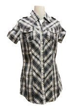 Norma Kamali Black White Plaid Short Sleeve Button Down Shirt Dress Tunic XS