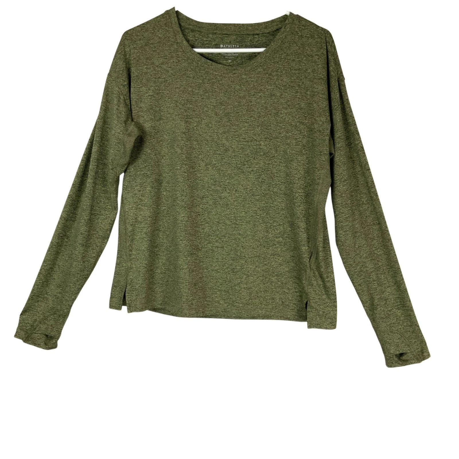 Athleta Uptempo Top Womens Medium Olive Green Heathered Long Sleeve Thumbhole