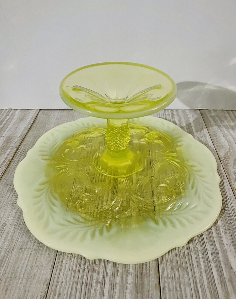 Mosser Opalescent Vaseline Glass Cake/Dessert Stand, Inverted Thistle