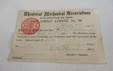 1912 Theatrical Mechanical Associations of US & Canada San Diego Membership Card