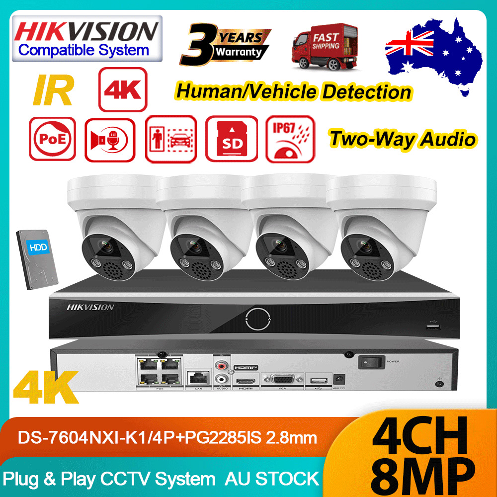 Hikvision 4CH 4POE NVR 4K 8MP IR Turret IP Camera Two-Way Audio CCTV System Kit