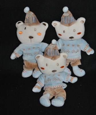 Lot Peluche Doudou Ours AUCHAN Lutin Velour Beige Blanc Bleu 22