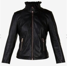 Ted Baker Womens Ovine Leather Black Jacket 3/4 Sleeves Rose Gold Ruffed Neck 