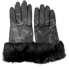 VTG Black Leather Gloves Fur Cuff Women Sz L Korea