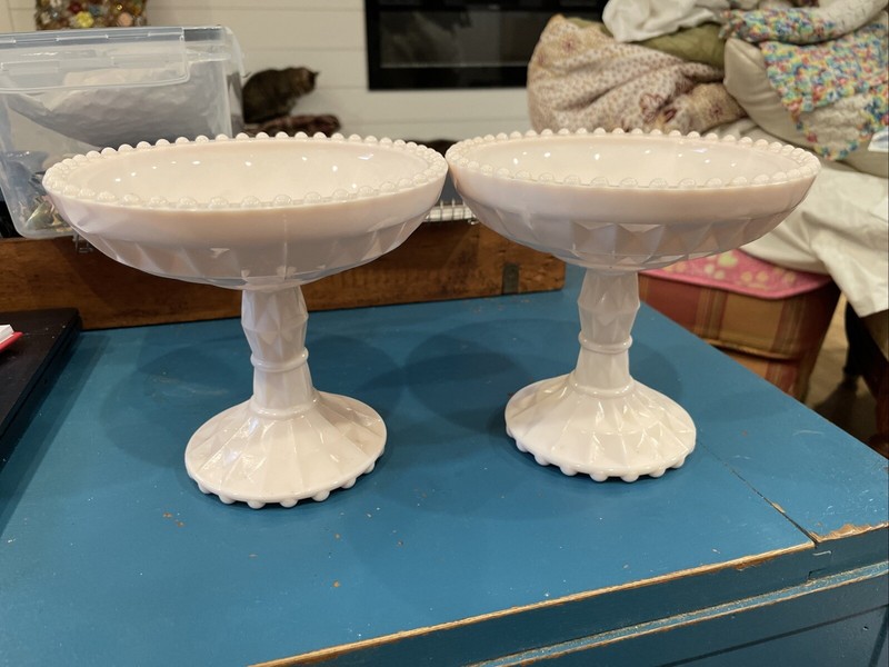 Vintage Jeannette Windsor Pink Milk Glass Pedestal Compote Dish Beaded Rim x 2