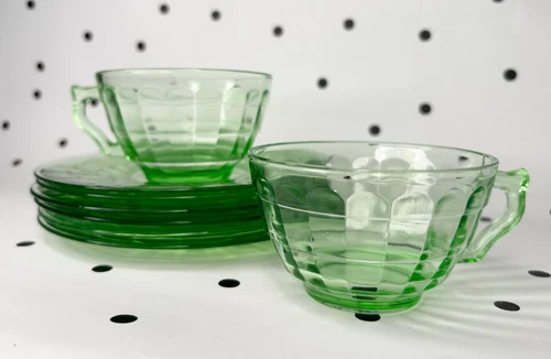 12 Vintage Anchor Hocking Green Block Optic Uranium Glow Coffee Cups