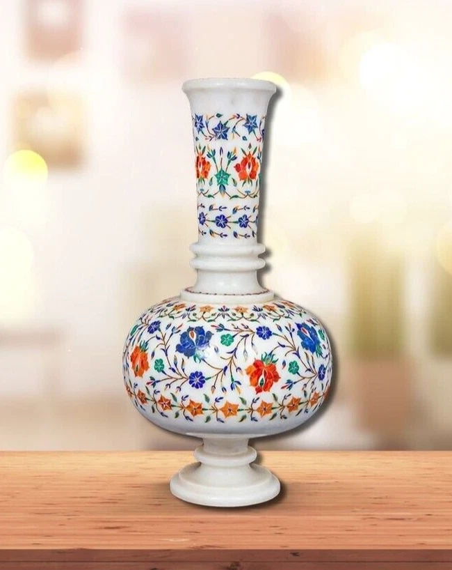 12" Marble Flower Vase Semi Precious Stone Inlay Handmade Work Table Decor