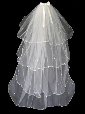 4 STUFIGER ELFENBEIN BRAUT HOCHZEITSSCHLEIER MIT PERLEN & KAMM & SCHLEIFE 50'' BRANDNEU