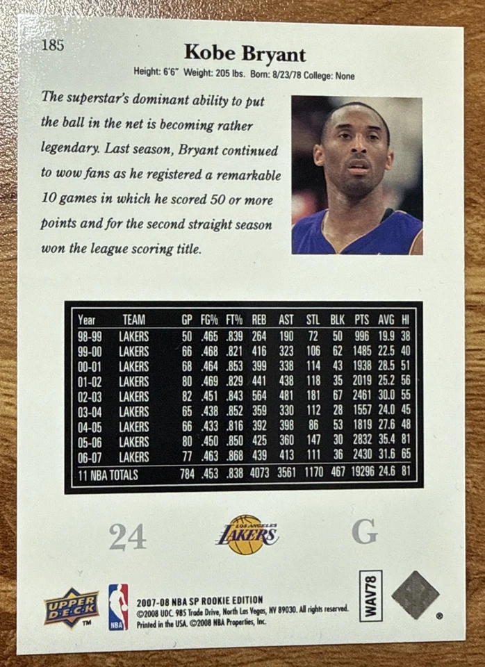 2007-08 SP Rookie Edition KOBE BRYANT #185 SP Veteran/Legend 98-99 design HOF  - Image 2 of 2