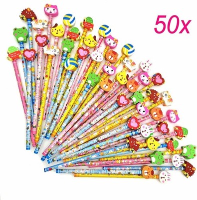 50x HB Schulstifte Set mit Radierer Tiere Sonne Schmetterling Geschenk Party Füller