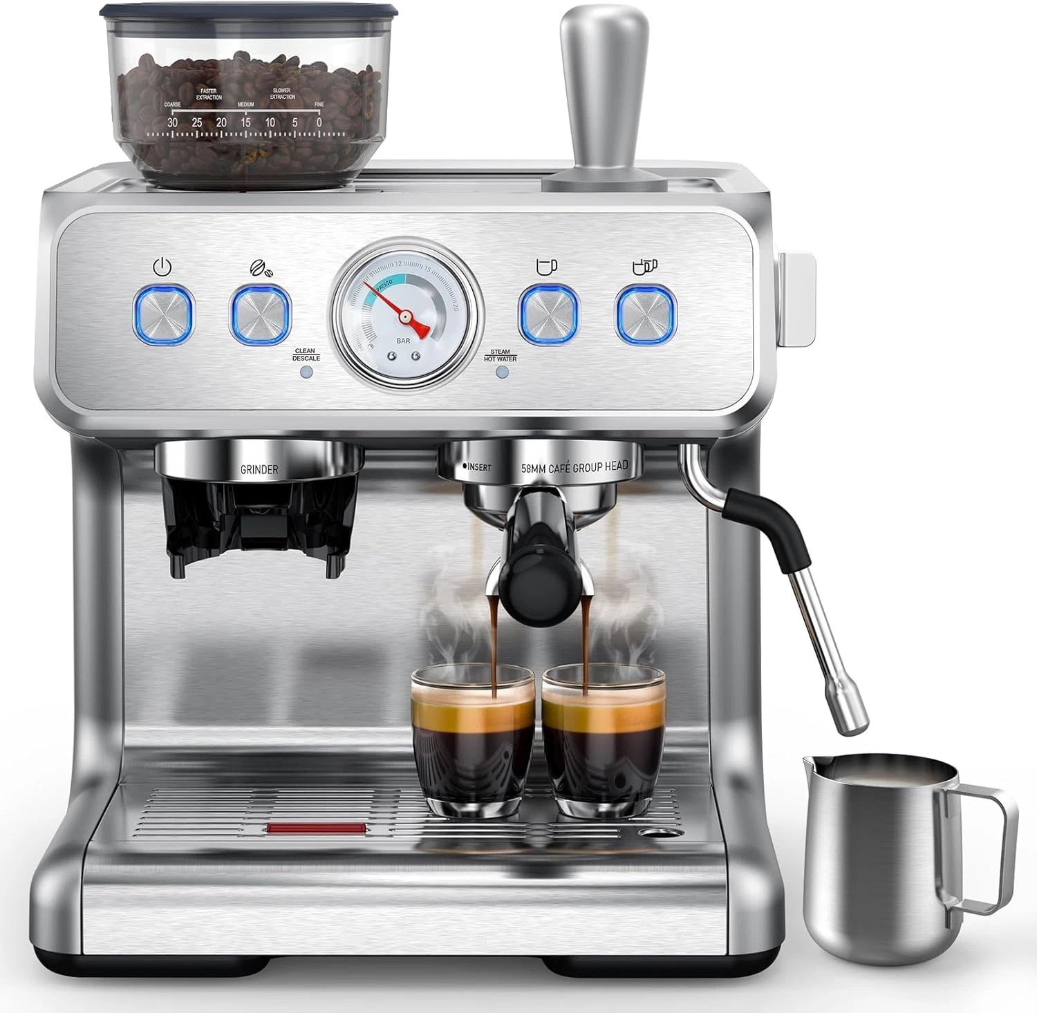 2025 Espresso Machine with Grinder & Milk Frother, 15 Bar, Stainless Steel
