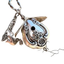 Lovely Silver Tone Bird House Made From Silverware Bird & Leaf Dangles Pretty AU