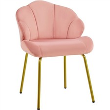 Velvet Accent Chair, Vanity Chair with Seashell Backrest and Golden Metal Legs P