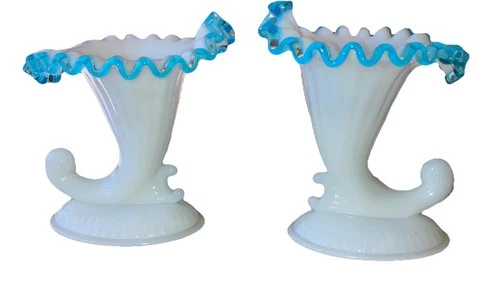 Vintage Fenton Milk Glass Set 2 Cornucopia  Aquamarine Candlestick Holder G3