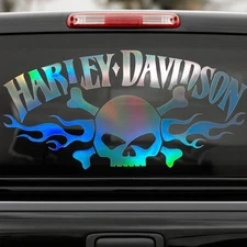Harley Davidson Skull Flames Holographic Decal 8.5x4in Vinyl Sticker for Car