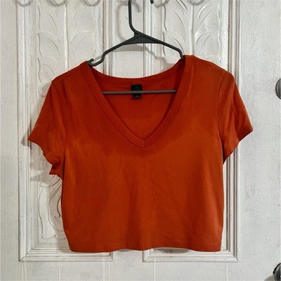 Women s Orange Cropped V-Neck Short Sleeve Cotton Knit T-Shirt