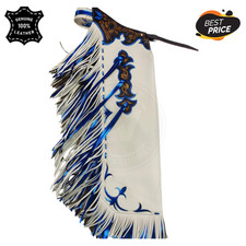 White Hand Tooled Leather Rodeo Chaps with Blue Fringe  Custom Bull Riding Gear