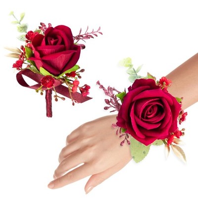 Corsage and Boutonniere Set Burgundy Rose Groom Bride Groomsmen Wedding