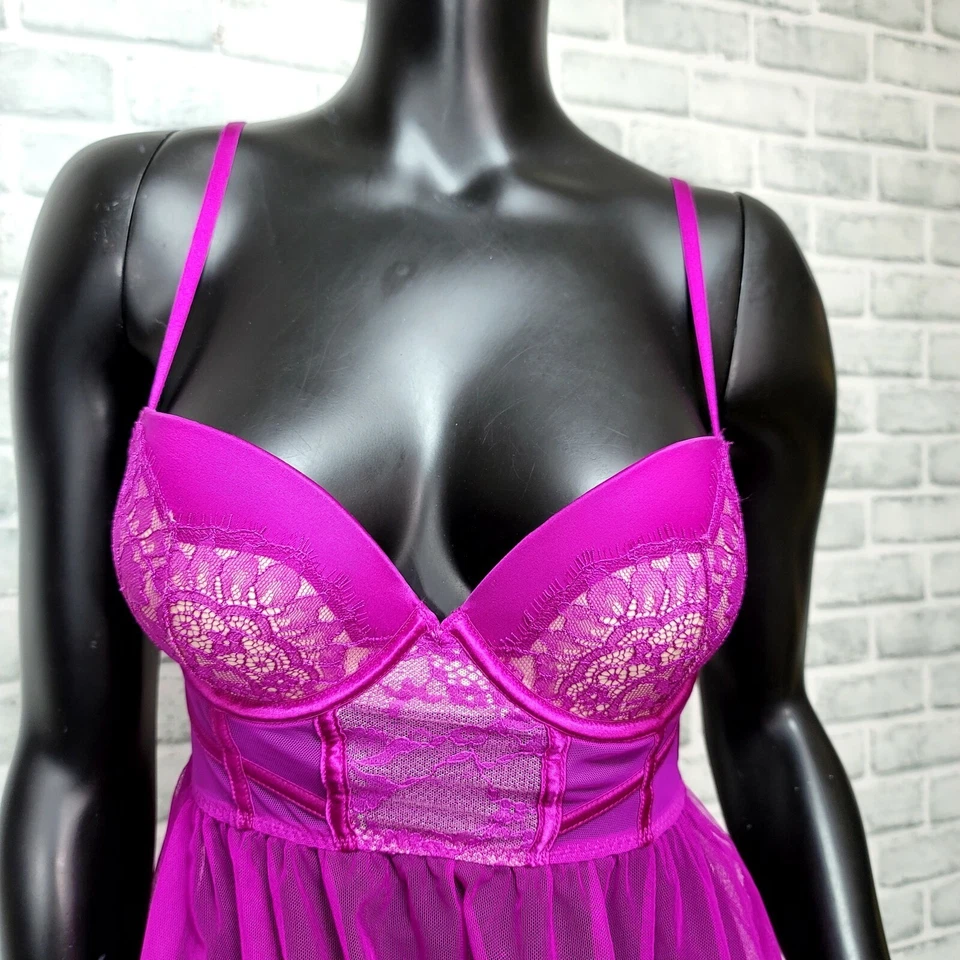 Victoria's Secret Púrpura Encaje Malla Babydoll Lencería Camisón Transparente Talla 34C Nuevo con Etiquetas Foto 4 de 4