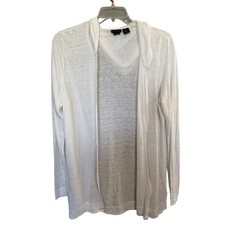 Tahari Linen Hooded Longline Cardigan XL White Open Front Coastal Summer Beach